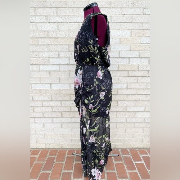 Guess Black Floral Maxi Dress Nadira Metallic Sheer Sleeveless Size XL - Picture 10 of 16